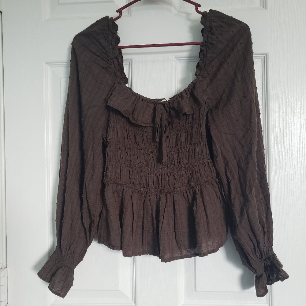 Main Strip Boho Cropped Top Size S Brown Plaid Off Shoulder Smocked Cottagecore